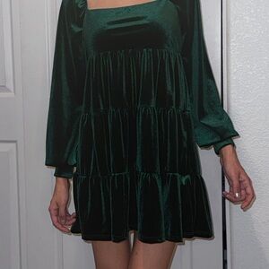 Altar'd State Dark Green Velvet Tiered Mini Dress